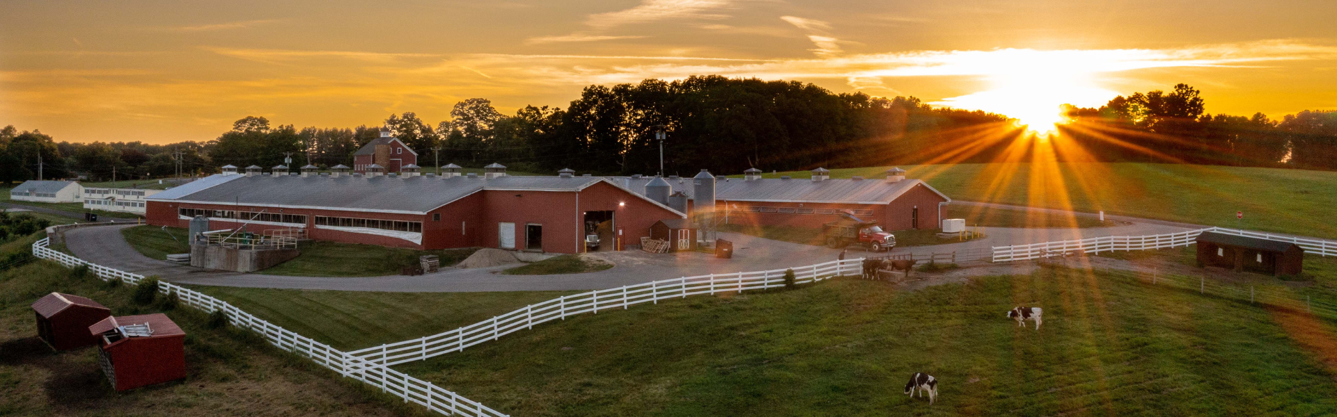 Sun setting over Horsebarn Hill Road taken by a drone on June 17, 2021. (Sean Flynn/UConn Photo)