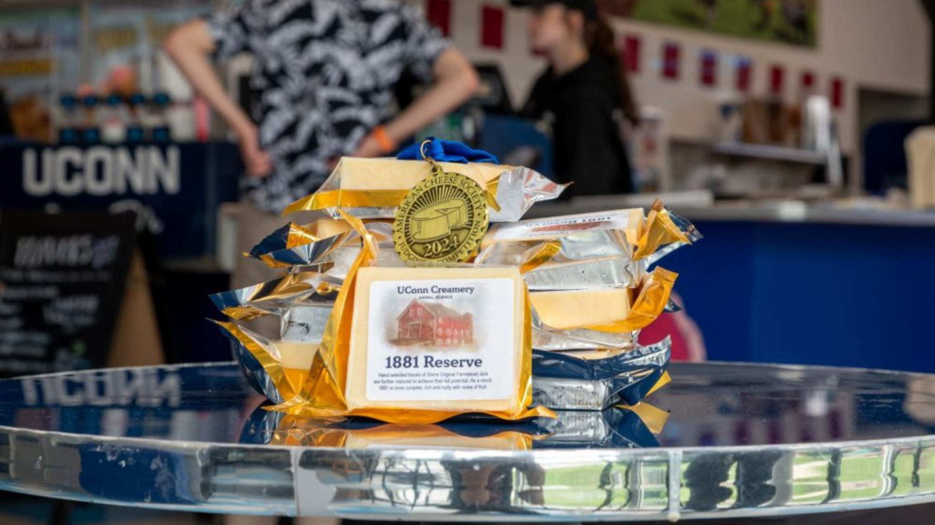 Cheese on display in the UConn Dairy Bar.