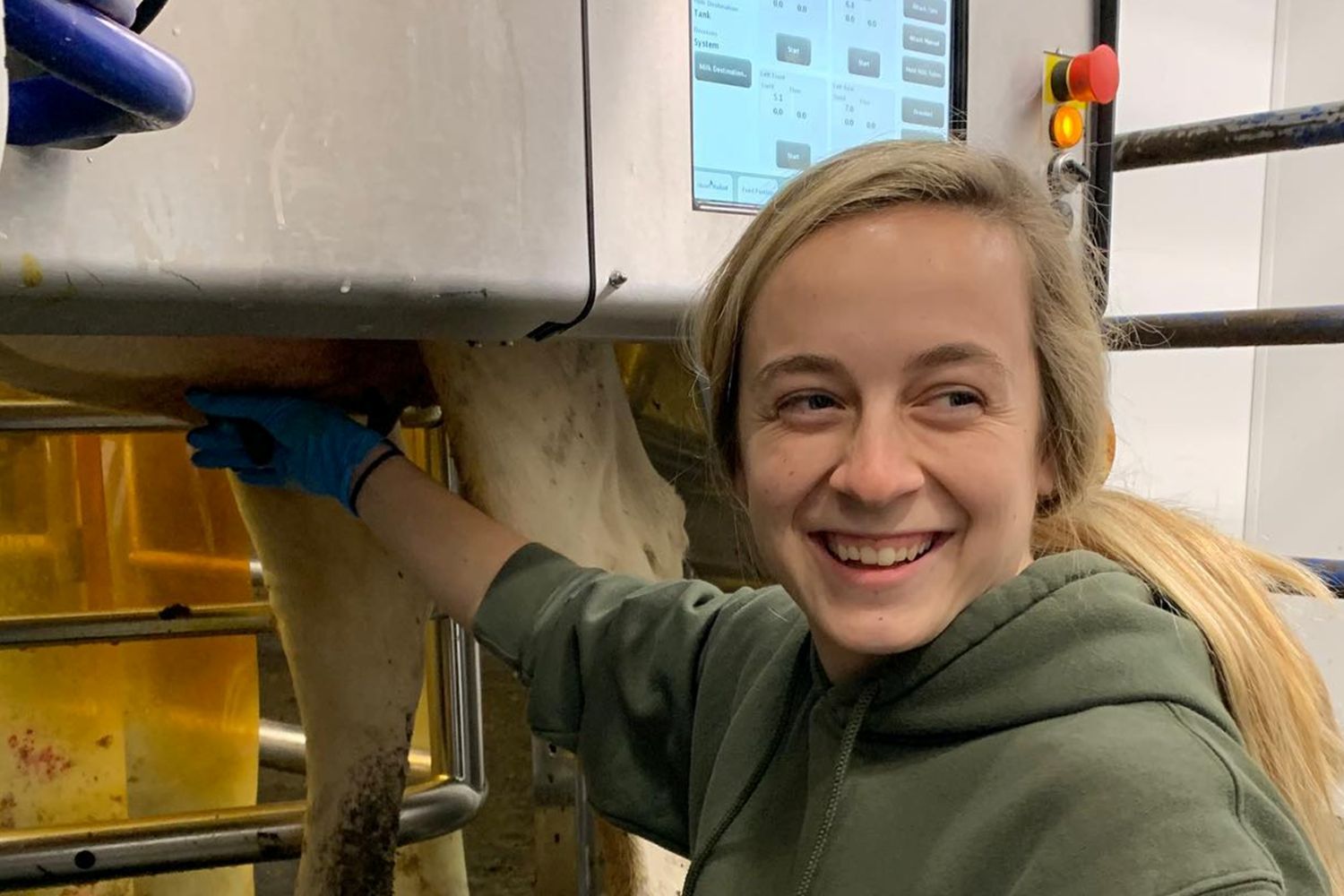 Student using robotic milking unit