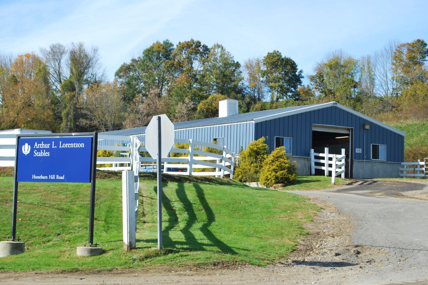 A view of a blue barn with a grass growing outside.