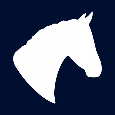 An silhouette of a horse head on navy blue background.